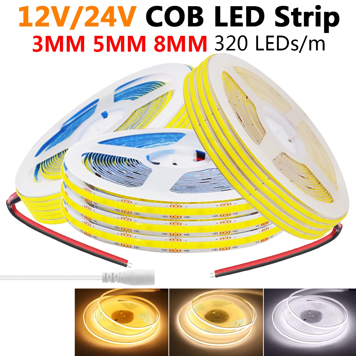 12V 24V COB LED Strip Light With DC Plug 2Pin Wire 320LED/m Warm Natural White Red Blue Super Bright Flexible Lamp Adhesive Tape