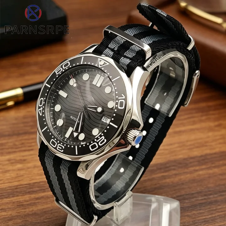 Men's Automatic Mechanical Watch Wave Pattern Aseptic Dial Casual Nylon Strap Stainless Steel Waterproof Case Men's Clock