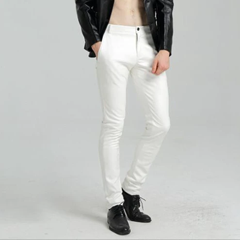 #2220 White/Red/Blue/Black Skinny Faux Leather Pants For Men Slim Joggers PU Leather Motorcycle Biker Tights Trousers Plus Size