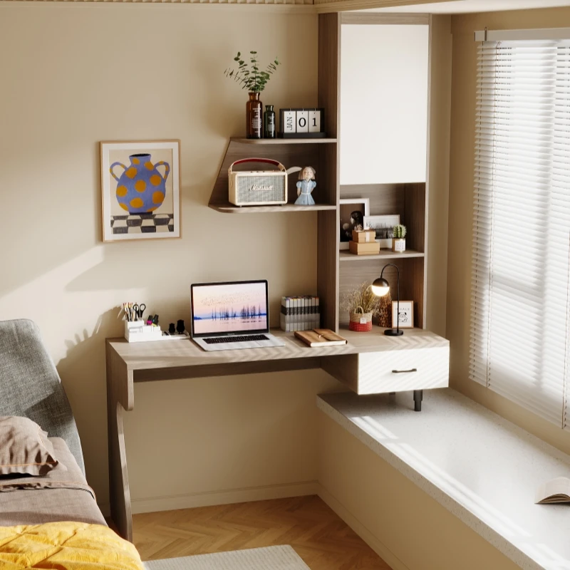 bay window desk high and low foot half retractable computer desk corner bookcase storage cabinet integrated small table dresser