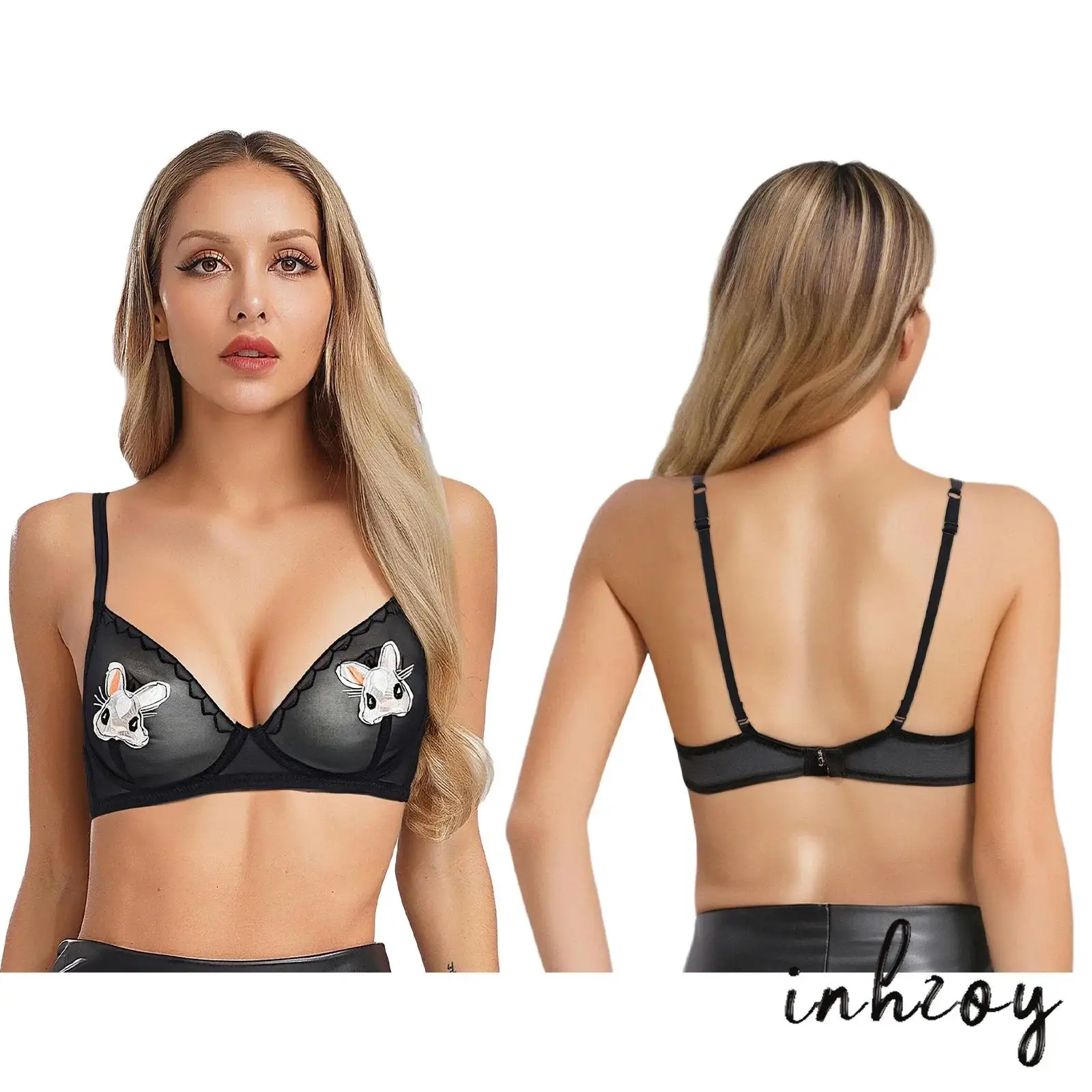 

Kawaii Womens 3/4 Mesh Cup No-pad Underwire Cute Cartoon Rabbit Embroidery Push Up Bra Tops Balconette See Through Bras Lingerie