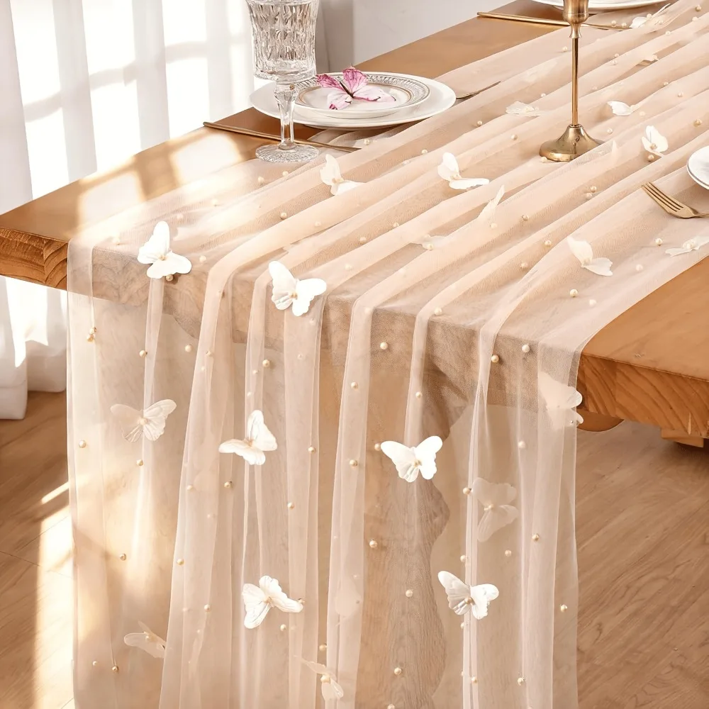 75*300cm Tulle Table Runner Semi-Transparent Vintage Lace Table Runner Elegant Romantic Butterfly Table Runner