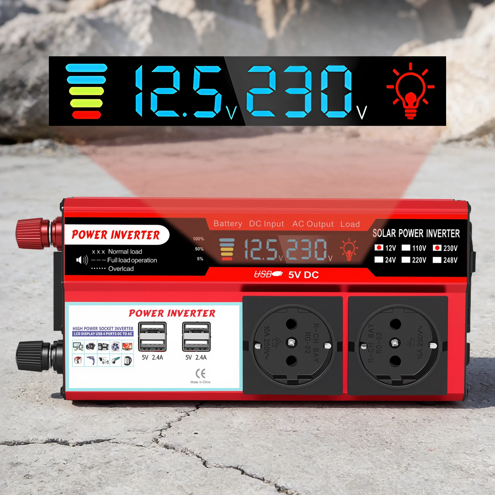 Car Power Inverter DC 12V To AC 220V 5000W Modified Sine Wave Solar Converter LCD Screen Display 60Hz Power Supply