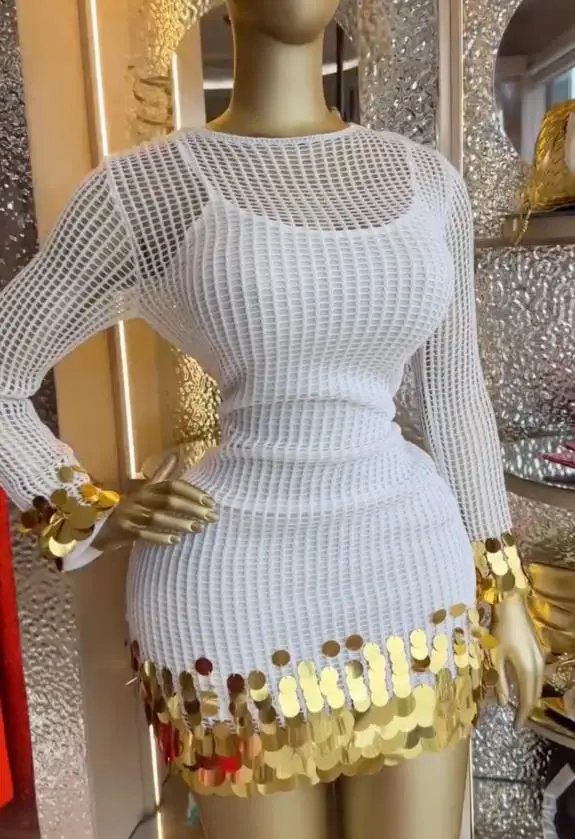 

2026 Spring New Fashion Casual Women's Style Elegant Sexy Hollow Out Round Neck Splicing Glitter Slimming Strap Dress