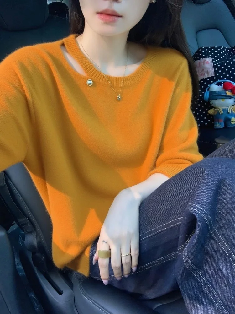 

Slimming Effect Loose Knitted Sweater Women's Autumn Winter Asymmetric Hollow out Comfortable Fit Casual Sle Long Sve Top