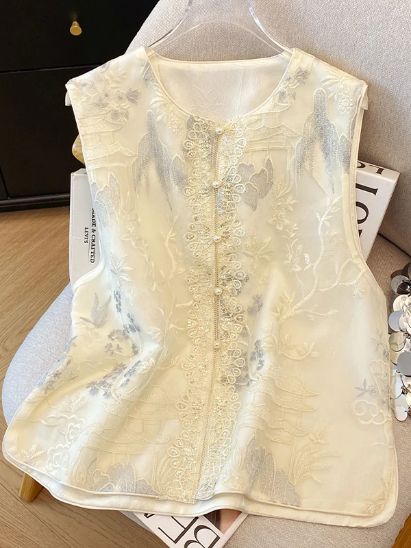 

New Chinese Sle Heavy Embroidery Lace Vest Women's Summer 2025 High-End Sensation National Trend Layering Bead oulder Pad...
