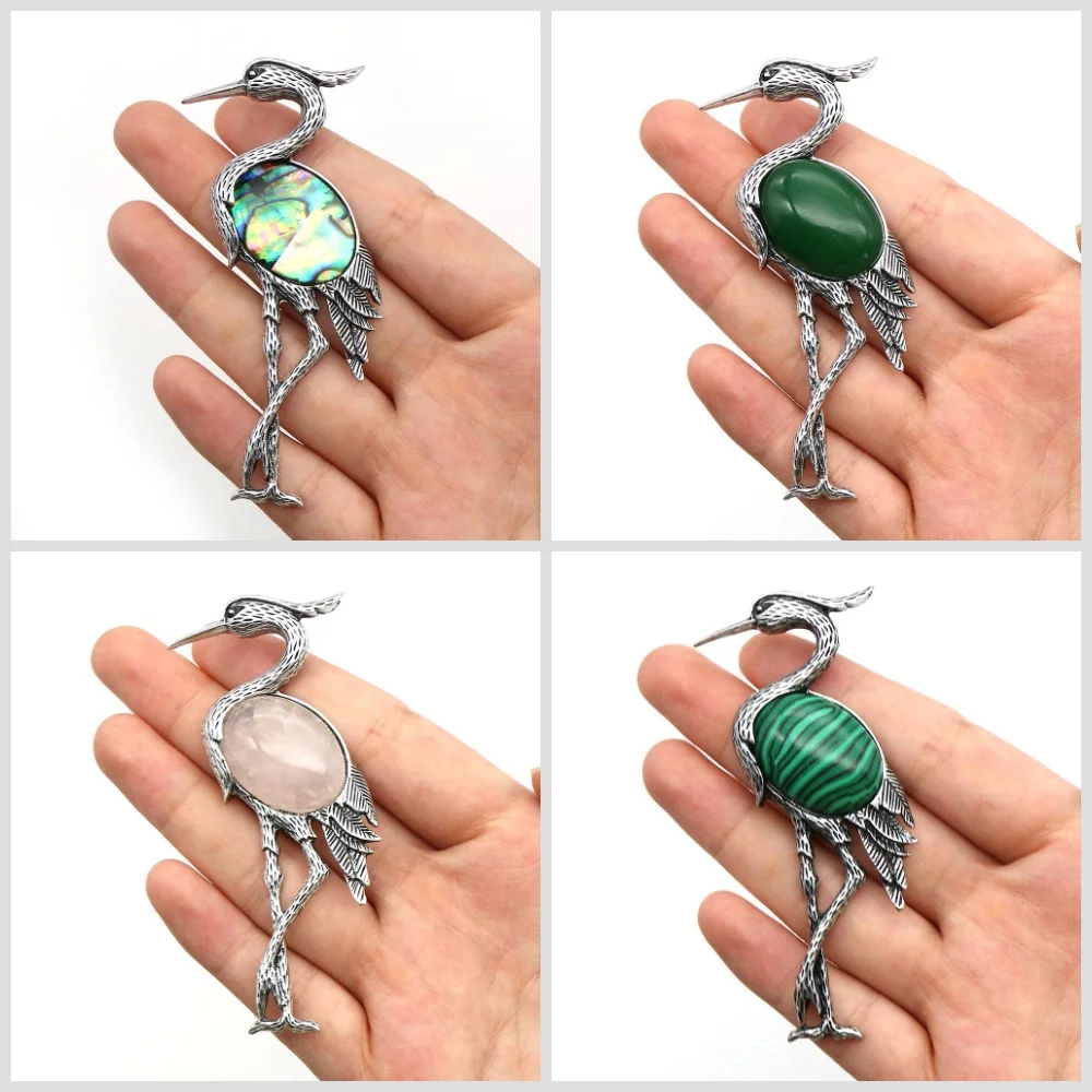 

Exquisite Natural Abalone Shell Red-crowned Crane Shape Pendants Alloy Inlaid Malachite Design Brooch Jewelry Accessory 1pc/pack