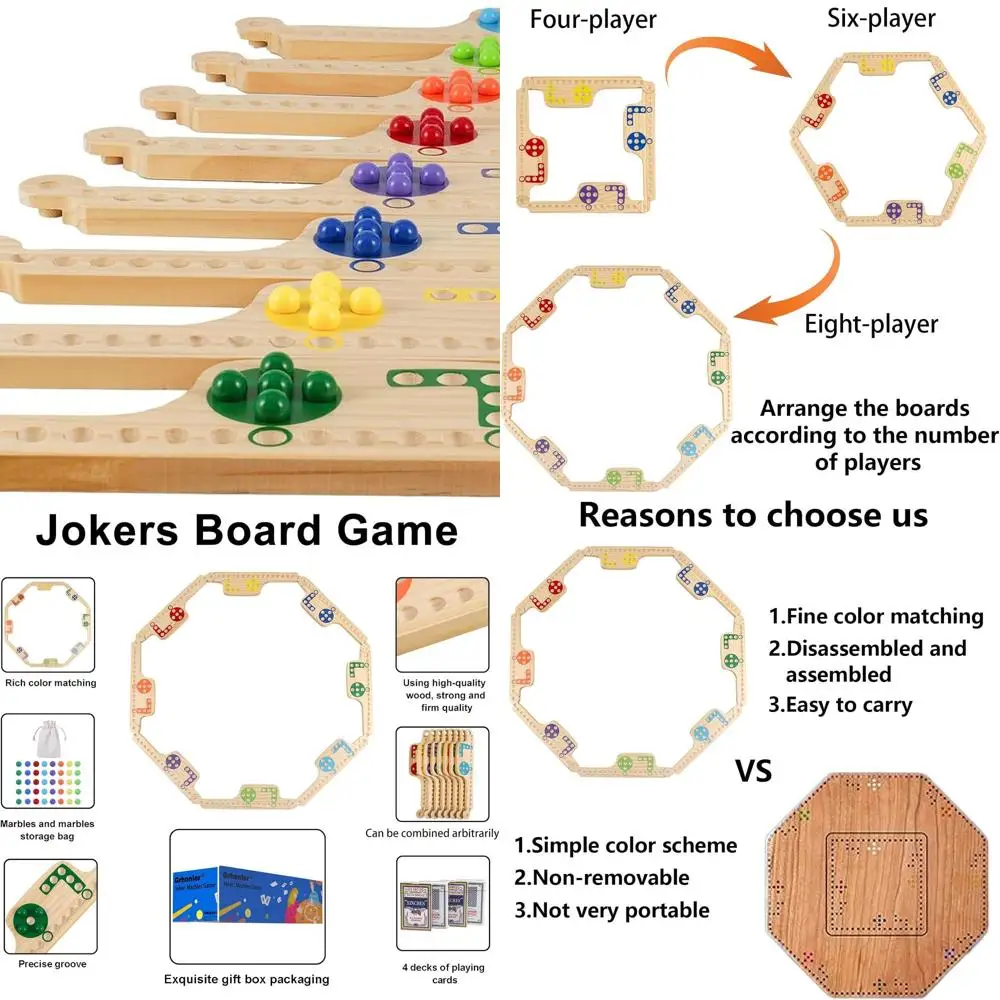 

Wooden Interlocking Pegs & Jokers Game - Multiplayer Marbles with Cards for 2-8 Players, Portable Family Party Fun
