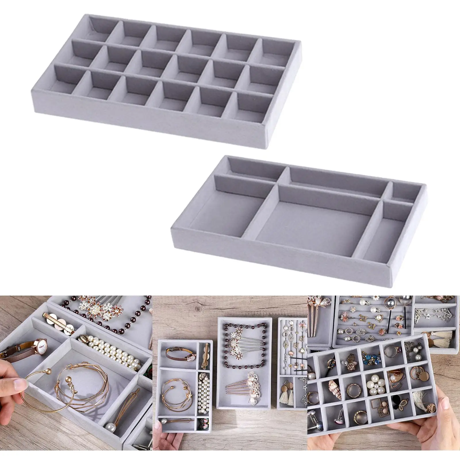 2 Pieces Jewelry Trays Closet Drawer Organizer Bangles Pendants Rings Storage Case Holder Container Box Gray