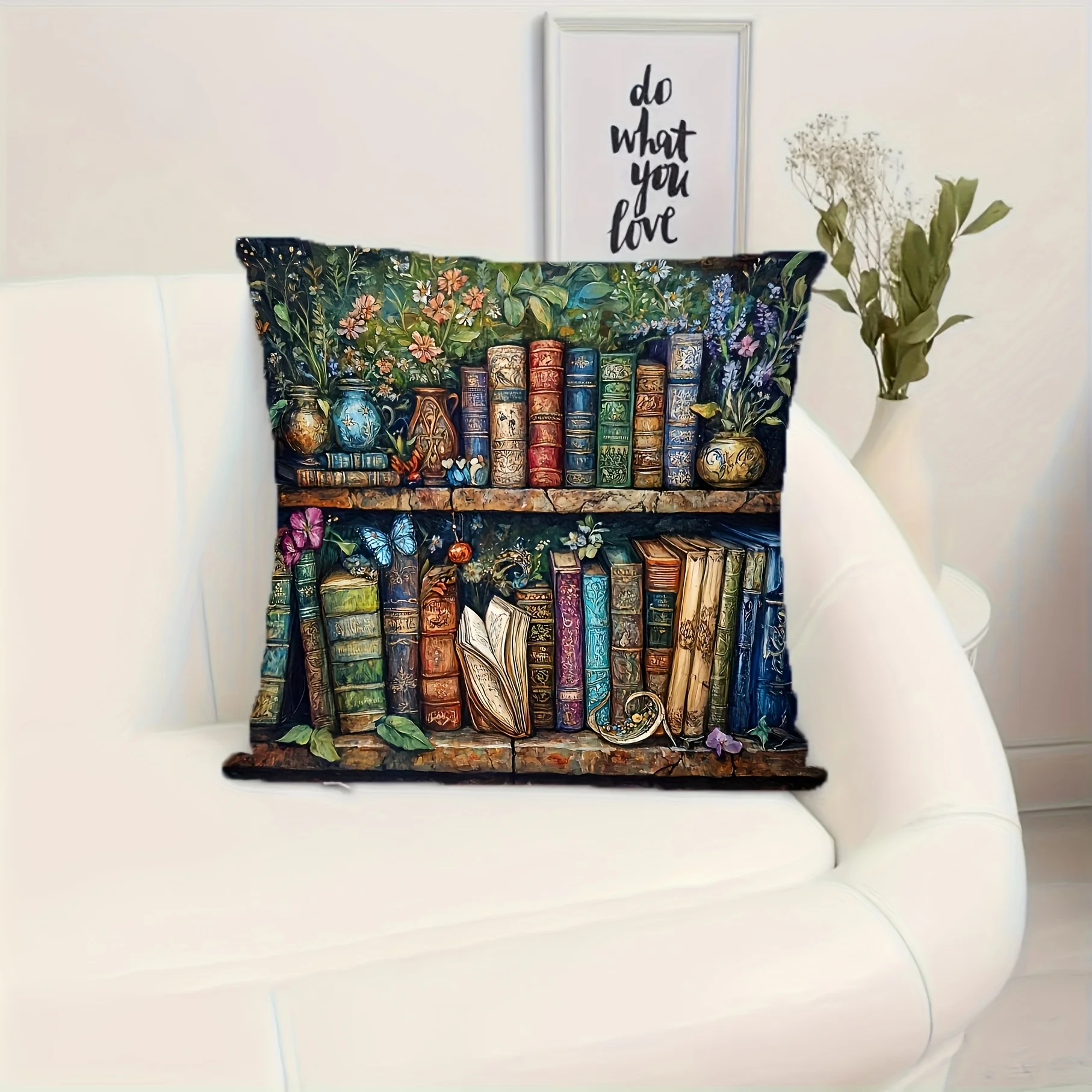 1 Vintage Bookworm Decorative Pillowcase 18x18 Inches - Multicolor Bookshelf Design with Floral and Geometric Patterns, Soft Polyester Velvet, Zipper Closure, Hand Wash Only - Suitable for Living Room, Sofa, Bedroom Decor (Inner Core Not Included)