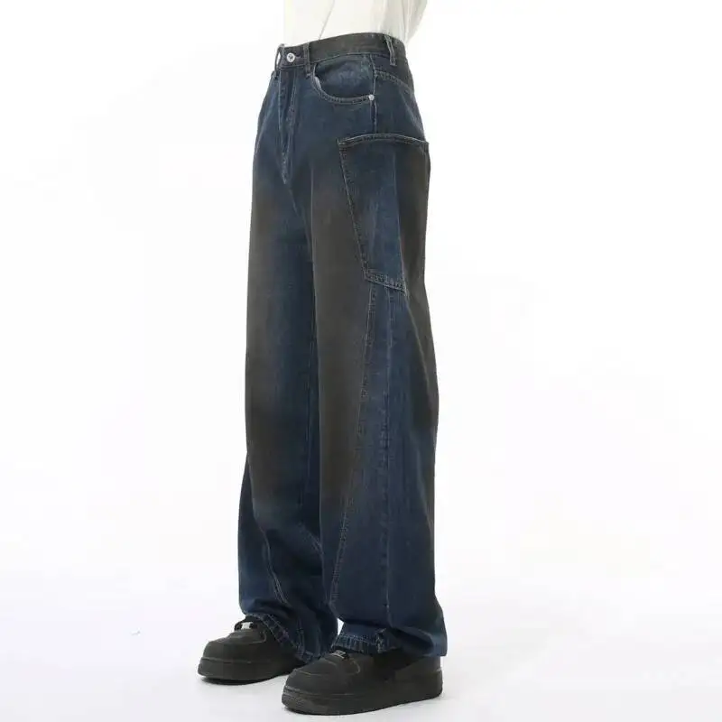 Celana Jeans Pria Model Muda Trendi Gaya Amerika High Street, Desain Splicing, Aging, Deconstructing, Fashionable, Serbaguna, Potongan Lurus Longgar