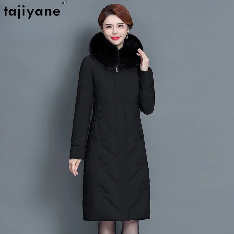 

Tajiyane 90% White Duck Down Jacket for Women Winter Hooded Fox Fur Collar Long Down Coats Slim Warm Parkas Abrigos De Mujer