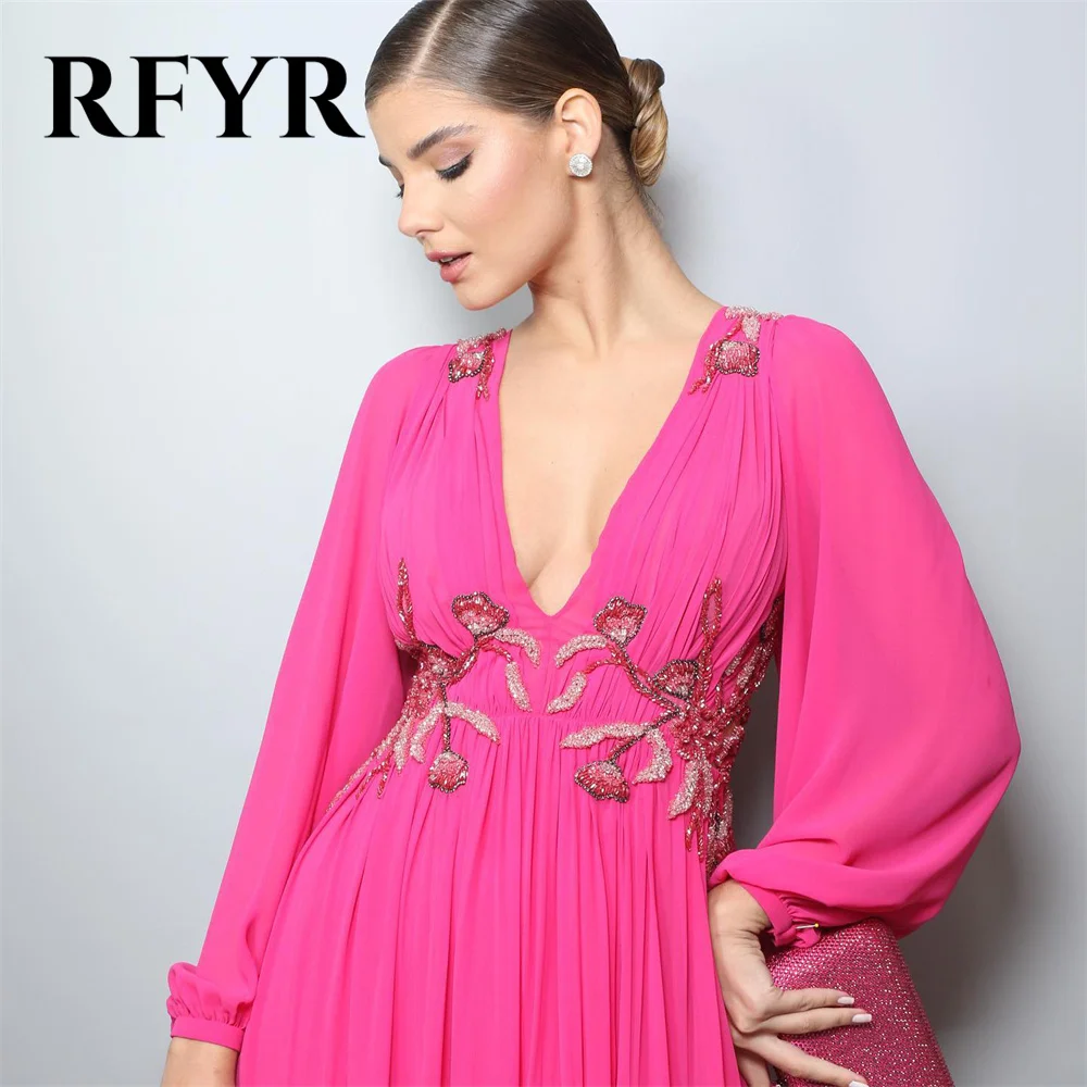 RFYR Fuchsia Beach Special Occasion Dresses V Neck Long Sleeves Formal Gown Long Embroidery Evening Dresses vestidos de fiesta