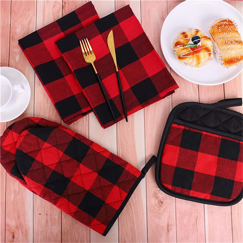 Kitchen Microwave Oven Anti-scalding Glove Set Fashion Plaid Potholders Pad Anti-heat Insulated Napkin Hand Clip Baking Cooking