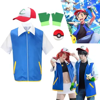 Tecknad Anime Ash Ketchum Tränare Blå Jacka Kostym P-PokemonING Go Blå Jacka Hattar Handskar För Pojkar Flickor Cosplay För Fest 10 best sales Ash costume - №2