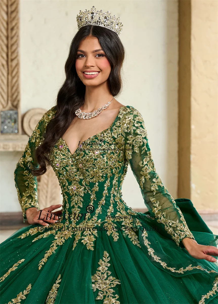 Vestido De princesa verde esmeralda para quinceañera, apliques De cristales, diamantes, vestido Mexi para Cumpleaños De 15 Años, 2024