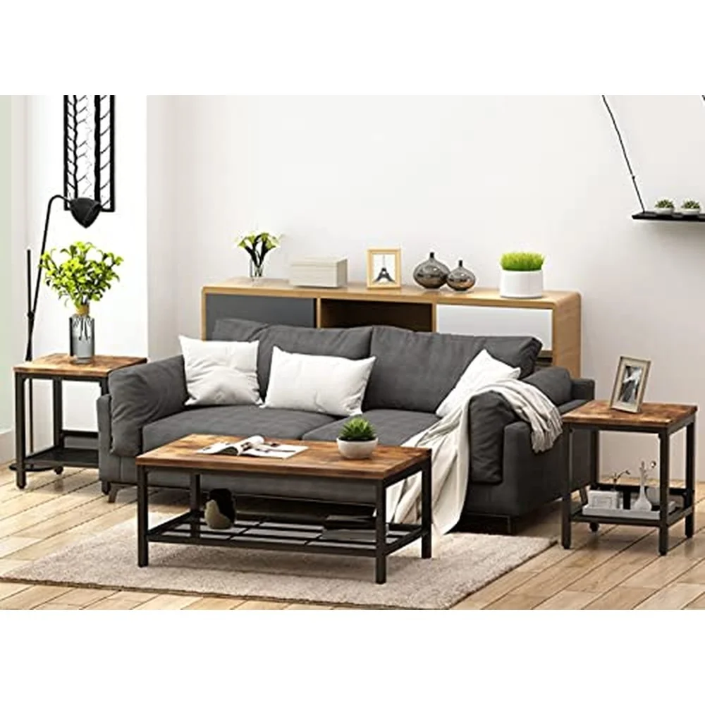 3 Pieces Living Room Table Set Industrial Coffee Table with 2 Square End Side Tables Coffee Table Set with Metal Frame