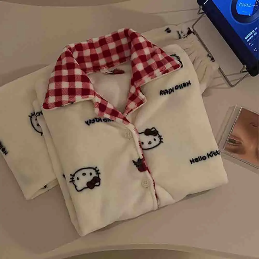 

Hello Kitty Women's Flannel Pajama Set Autumn/winter Loose Plush Cardigan Comfortable Large Pajamas Cute Home Clothes New Model