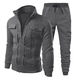 Grey Sportwear Suits Autumn Winter Men's Casual 2 Piece Set Long Sleeve Zip Up Stand Collar Sweatshirts+Sweatpant Male Pant Sets