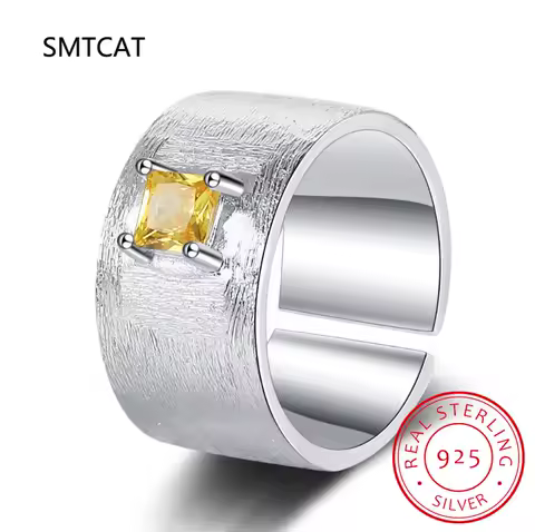 Real 925 Sterling Silver Square Citrine Gemstone Frosted Wide Opening Ring For Women Wedding Party Fine Jewelry Gift DS3461