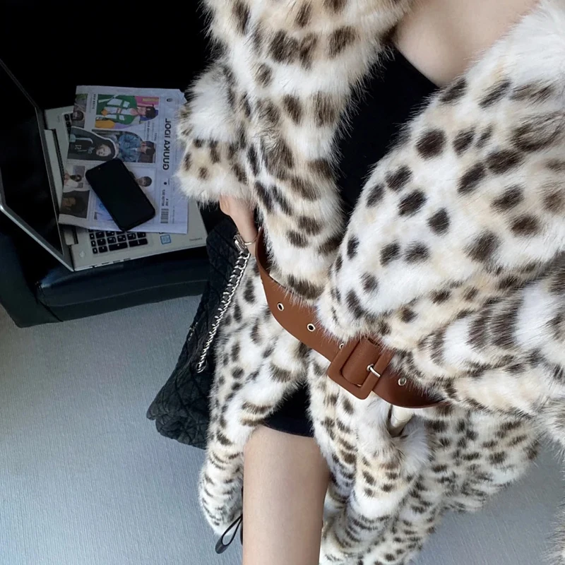 Manteau Long en fausse fourrure de renard léopard avec ceinture pour femme, pardessus élégant pour dames, mode de rue, manteau en fourrure de renard moelleuse