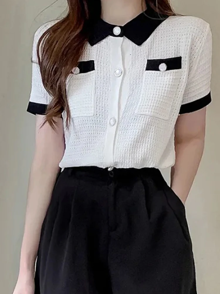 Korean Fashion Clothes Short Sleeve Tees Women T Shirt Knitted Turn Down Collar Cardigan Female Tops 2023 Summer Camisetas Mujer
