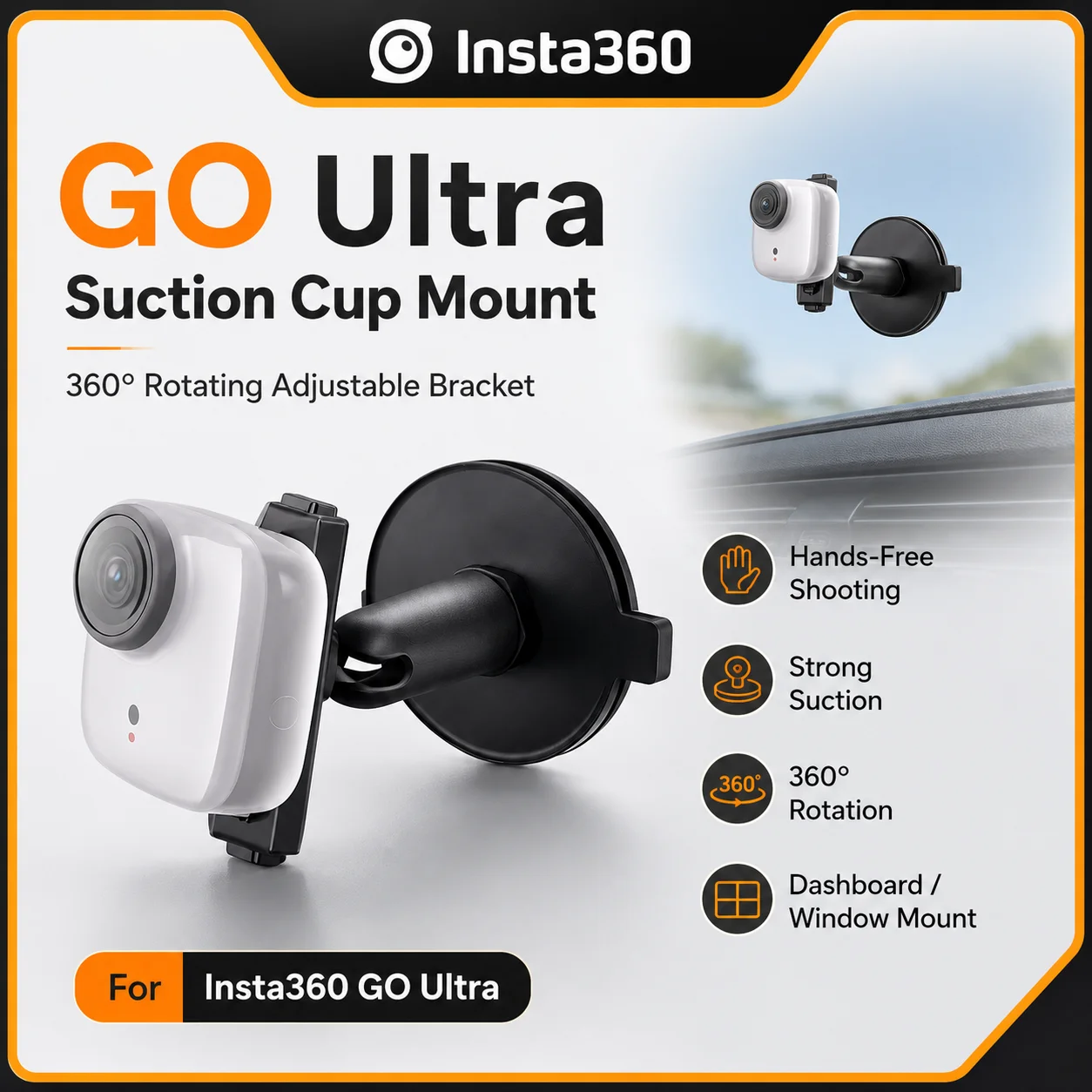 Zuignapbevestiging voor Insta360 GO Ultra 360 °   Roterende verstelbare beugel Dashboardvensterhouder Handsfree camera-accessoire