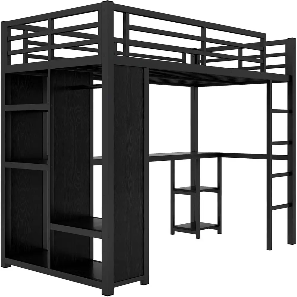 Sturdy Metal Twin XL Bed with L-Shaped Desk, Wardrobe, and Storage, Ideal for Kids and Teens in Black view 6