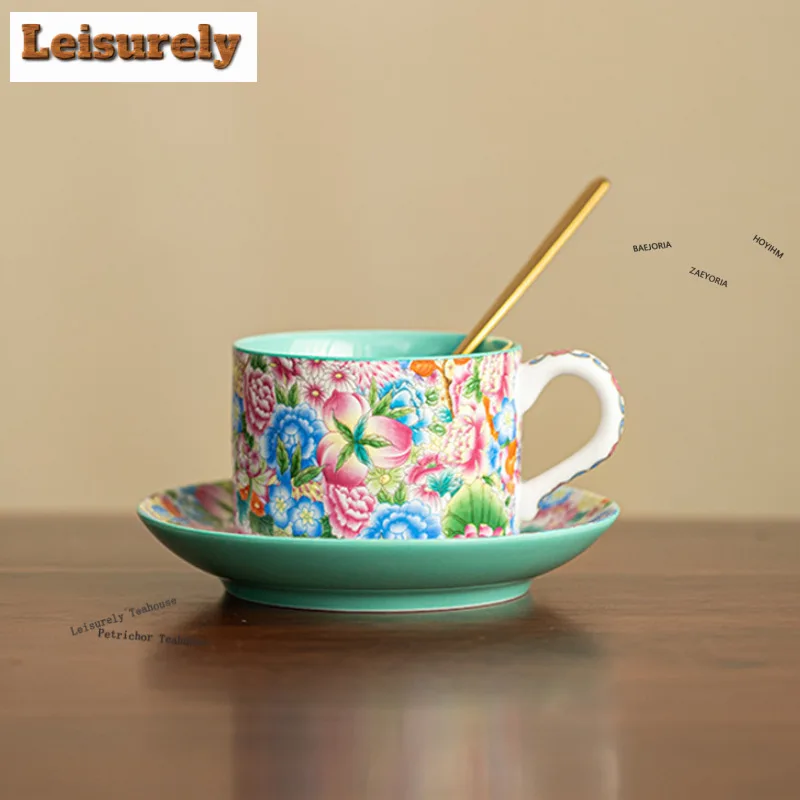 190ml Tassen-Set mit Teller, Emaille-Kaffeetasse mit Tausend Blumen-Muster, Haferflocken-Frühstückstasse, Nachmittagstee-Tasse, Tassen-Untertassen-Set, Teeservice