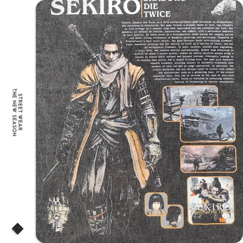 Sekiro Wolf T Shirt Hip Hop PC Game Vintage Washed Tops Tees Oversized Short Sleeve T-Shirt Retro Sweatshirts Man 100% Cotton