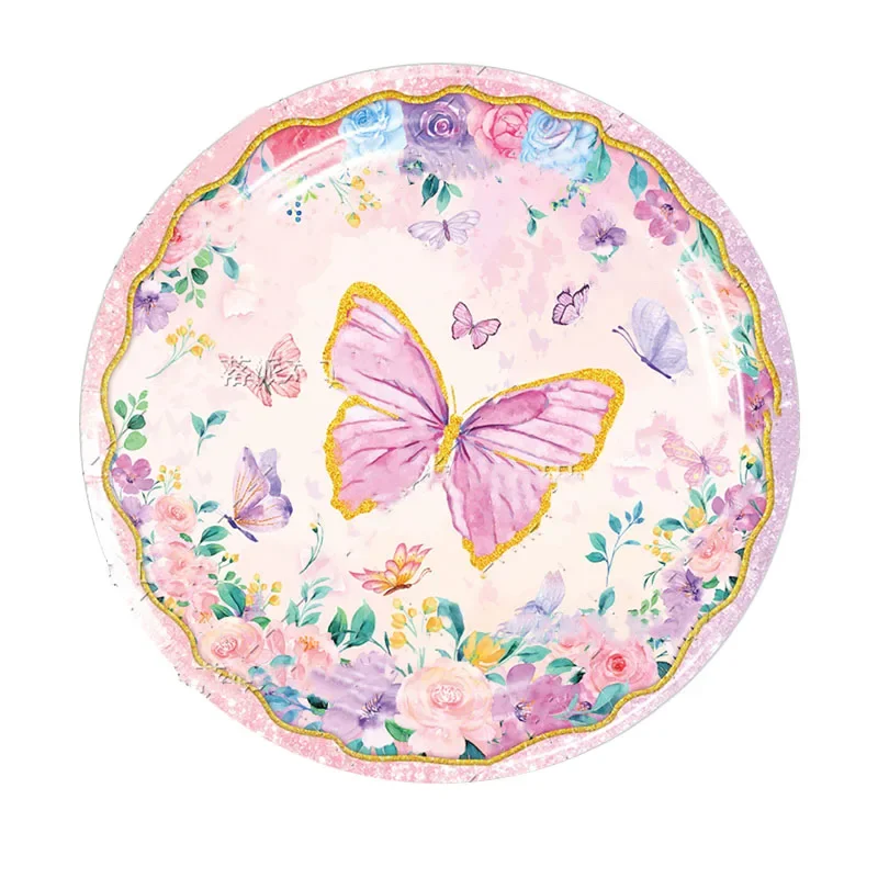 10Guests Colorful Butterfly Disposable Tableware Pink Butterfly Flower Plates Cups Napkins Happy Birthday Party Decor Babyshower