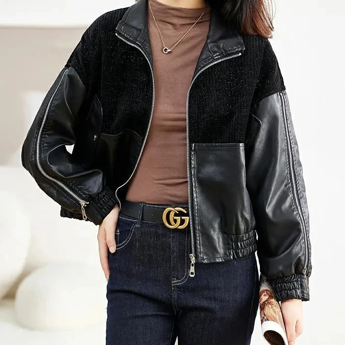 Splicing Short Leather Jackets Women's Outwear Spring Autumn New Fashion Loose Long Sleeve Casual Stand Collar Leather Jacket To