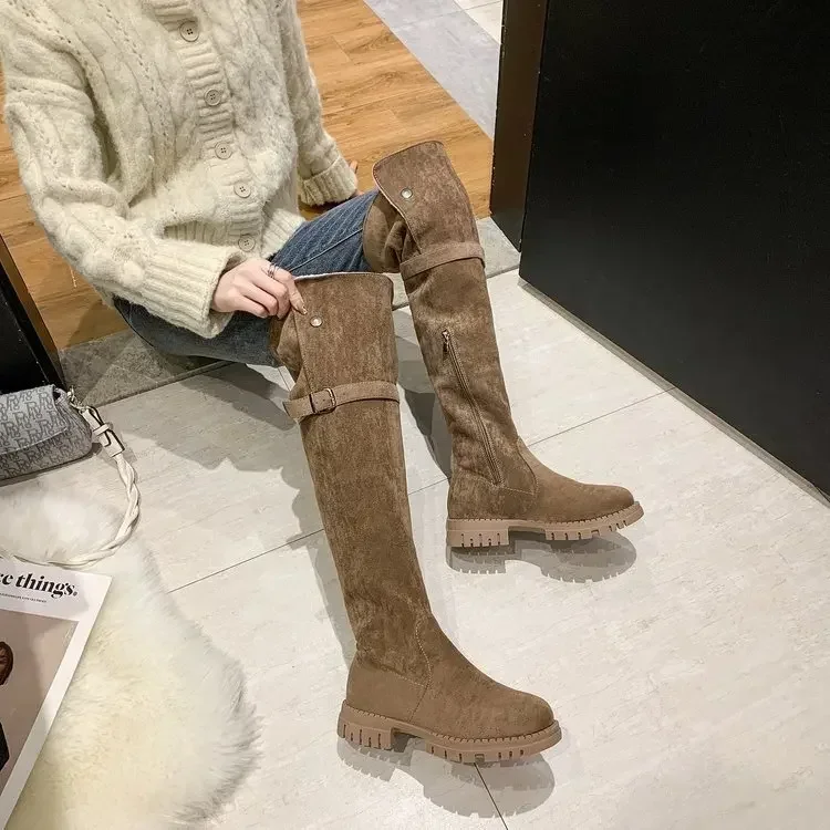 Lamb Hair Over The Knee Boots Women Winter Plus Velvet Warm Snow Boots Tall Long Boots Khaki Cow Suede Flat Botas Shoe 2024