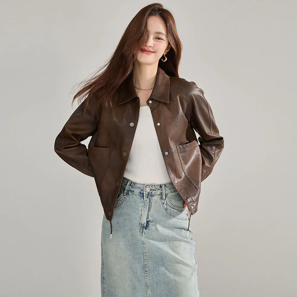 

2025 Autumn New Pu Leather Jacket Lapel Retro Coat Women's Short Drawstring Jacket Top