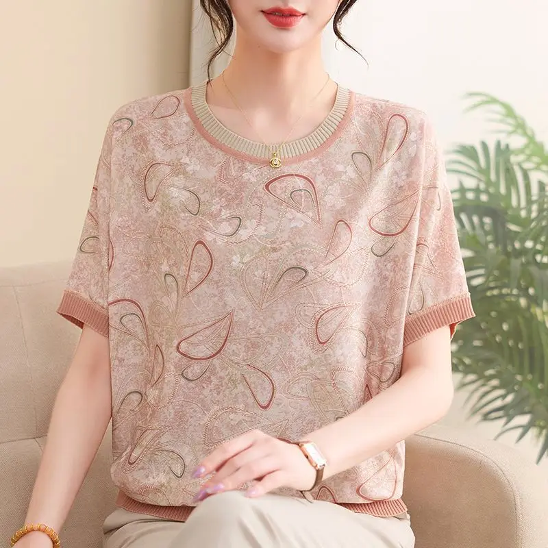 Comfortable Breathable Short Sleeve round Neck T-Shirt for Middle-Aged And Elderly Women Summer Fashion Mom Clothes Q294