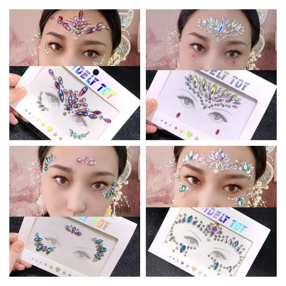 Waterproof 3D Rhinestones Sticker Glue Free Fake Tattoo Crystal Facials Sticker Colorful Disposable Temporary Tattoo Sticker