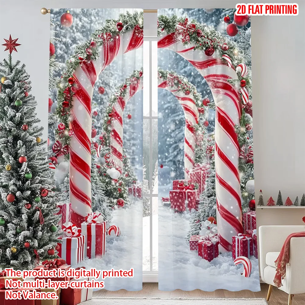 

2pcs 2D flat printing Merry Christmas Popular Window Curtains Candy sticks Christmas candy Machine Washable Fabric Without
