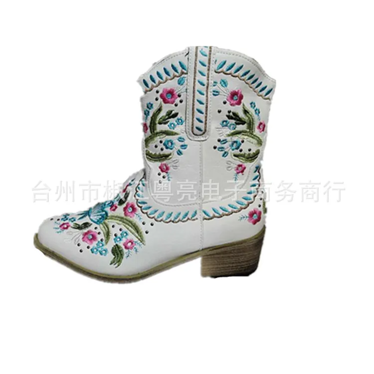 Flower Embriodery Cow Boy Boots for Women Ankle Shoes Thick Heel Short Boots 2021 Spring New Female West Boots456