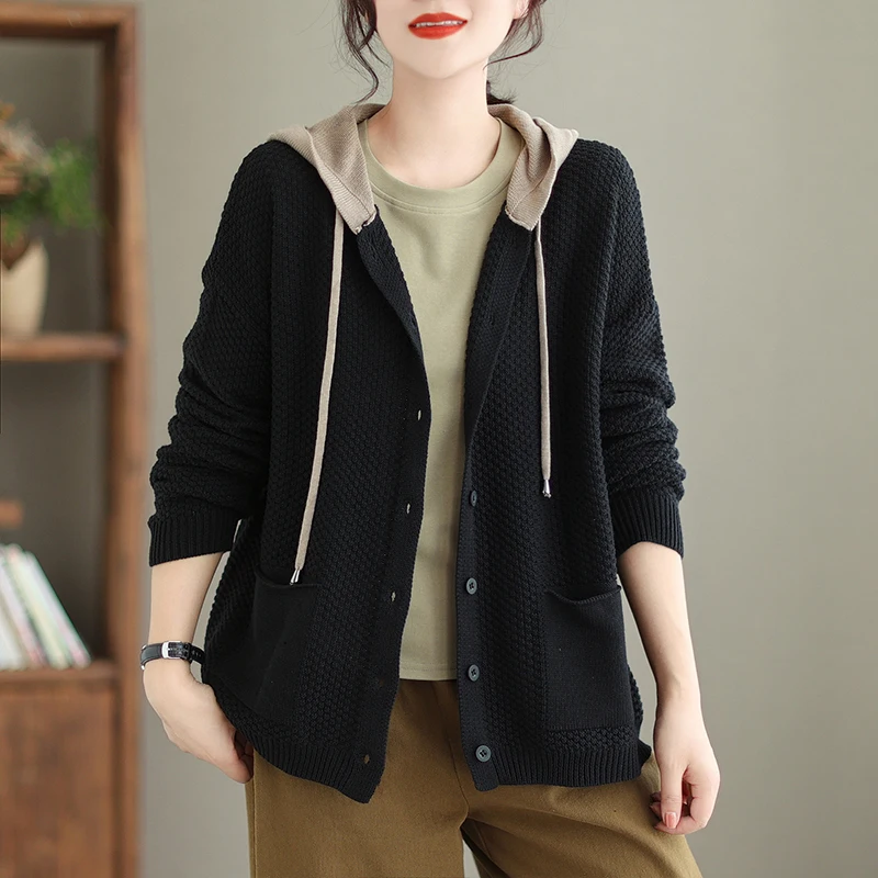 Creative Contrast Color Patchwork Hooded Sweater Women's Long Sleeve Multi Pocket Loose Casual Cardigan Art Temperament Knitwear