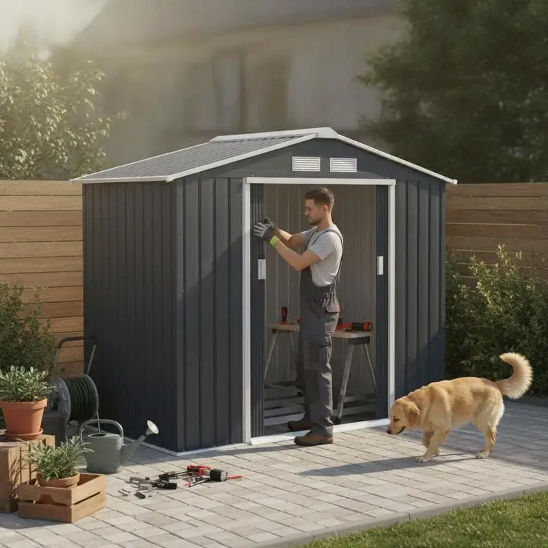 Armoire de jardin grise 105x55x179cm, abri de jardin avec toit en métal, double porte, structure solide résistante aux intempéries, grand rangement pour outils de jardinage, balcon, terrasse, patio, espace extérieur