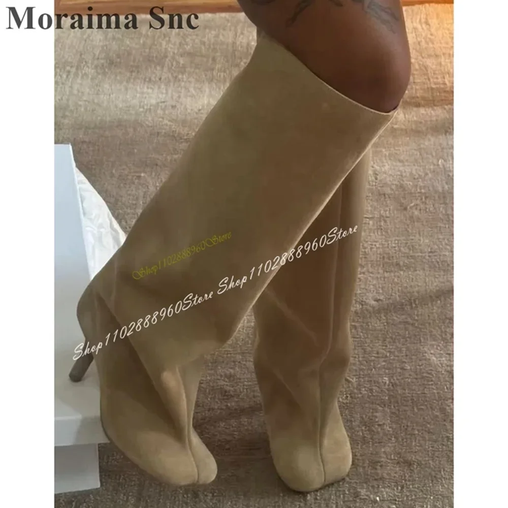 

Knee High Khaki Suede Plus Size Boots Thin High Heel Shoes For Women Slip On Square Toe Stylish Occidental Style Women Boots