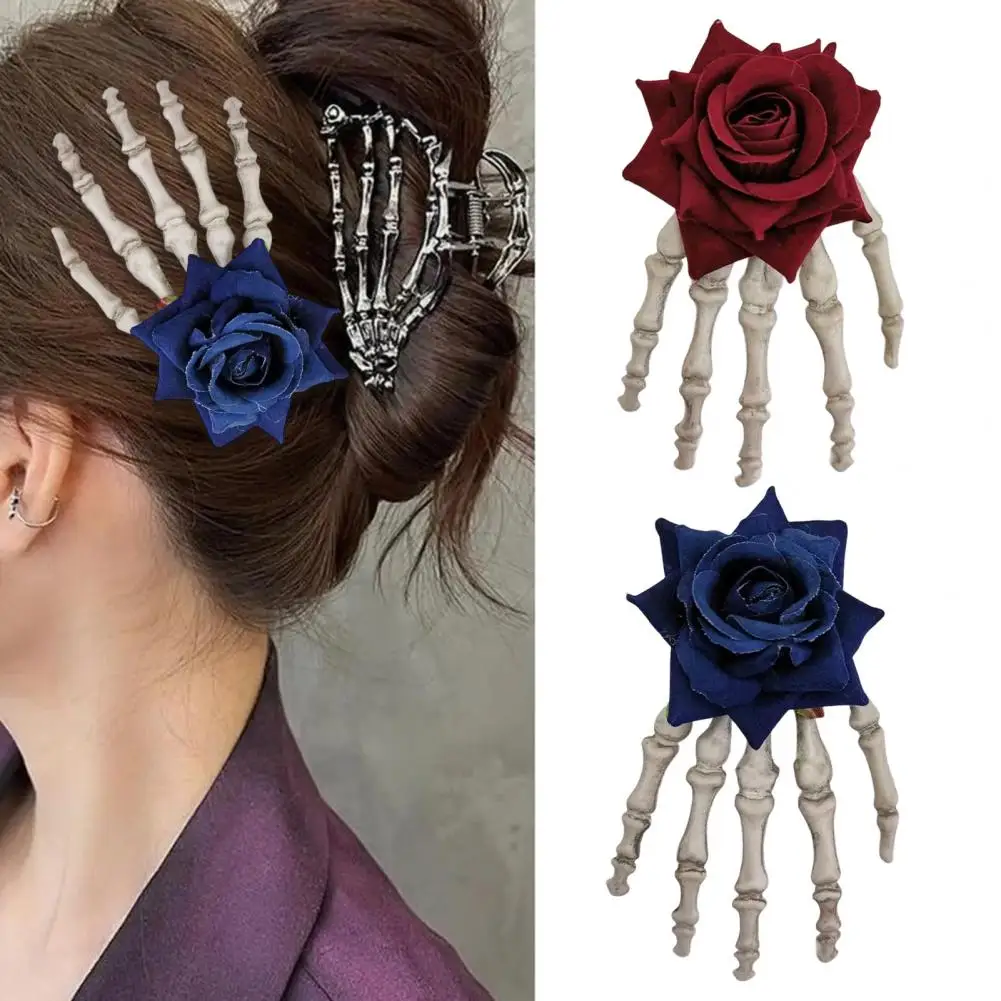 

Halloween Hair Clip Skeleton Hand Hair Clip with Faux Roses Punk Style Barrette for Halloween Themed Party for Halloween