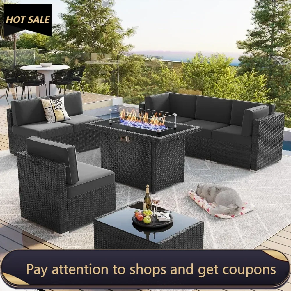 

8 Piece Patio Furniture Set With 44" Propane Gas Fire Pit Table Complete Outdoor Garden Lounge Dinning Tables Sets Tools Couch