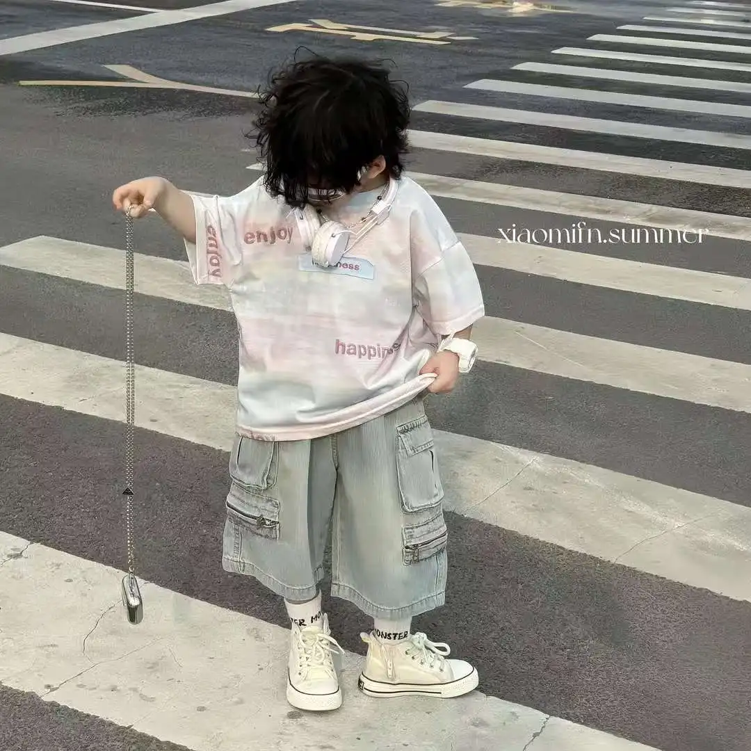 

Summer Fashion Baby Boys Letter Tshirt+Pocket Jean Shorts 2pcs Children Set Casual Sportswear Streetwear Handsome Denim Suit