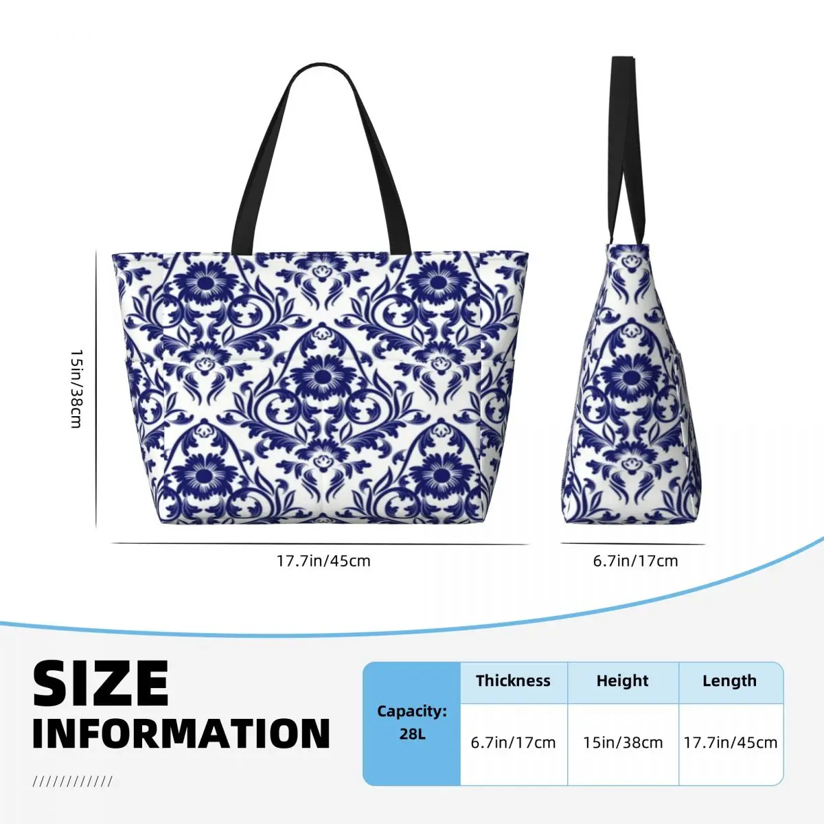 Mala portuguesa para viagem de praia, bolsa de ombro customizável para adultos, sacola multiestilo padrão, azul e branco