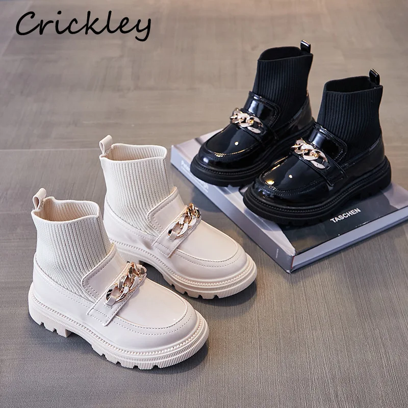 

Metal Chain Girls Boys Fashion Boots PU Leather Knitting Patchwork Slip On Kids Socks Shoes Anti Slip Children Ankle Boots