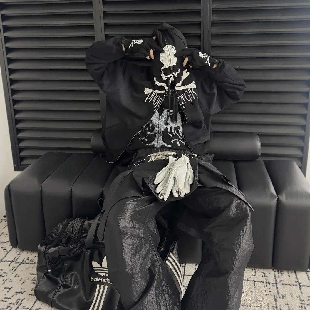 2026 Grailz Dark Fantasy Skull Print Washed Antique Zippered Gloves Hooded Sweatshirt for Men and Women 2026 Project G/R