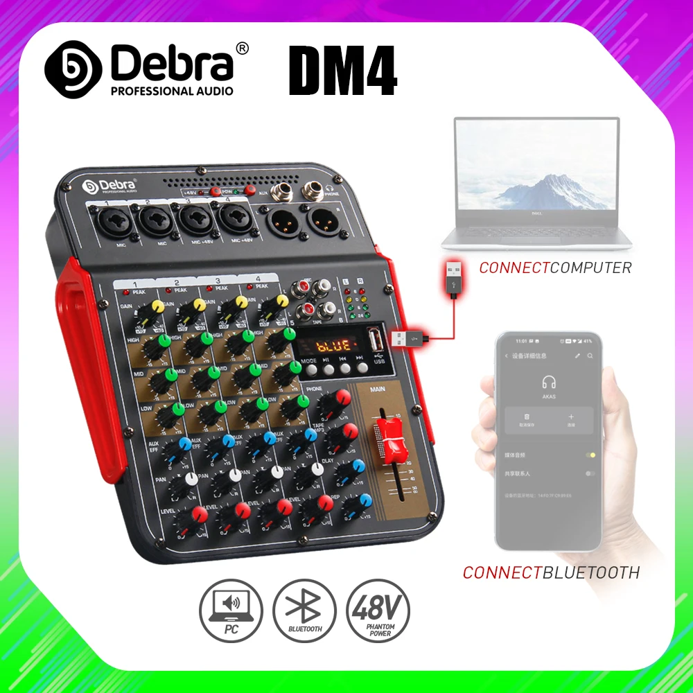 FROKET 6-Channel Audio Mixer Tuner DJ Console with 48V Phantom Bluetooth, USB to PC Recording Playback for Outdoor Karaoke