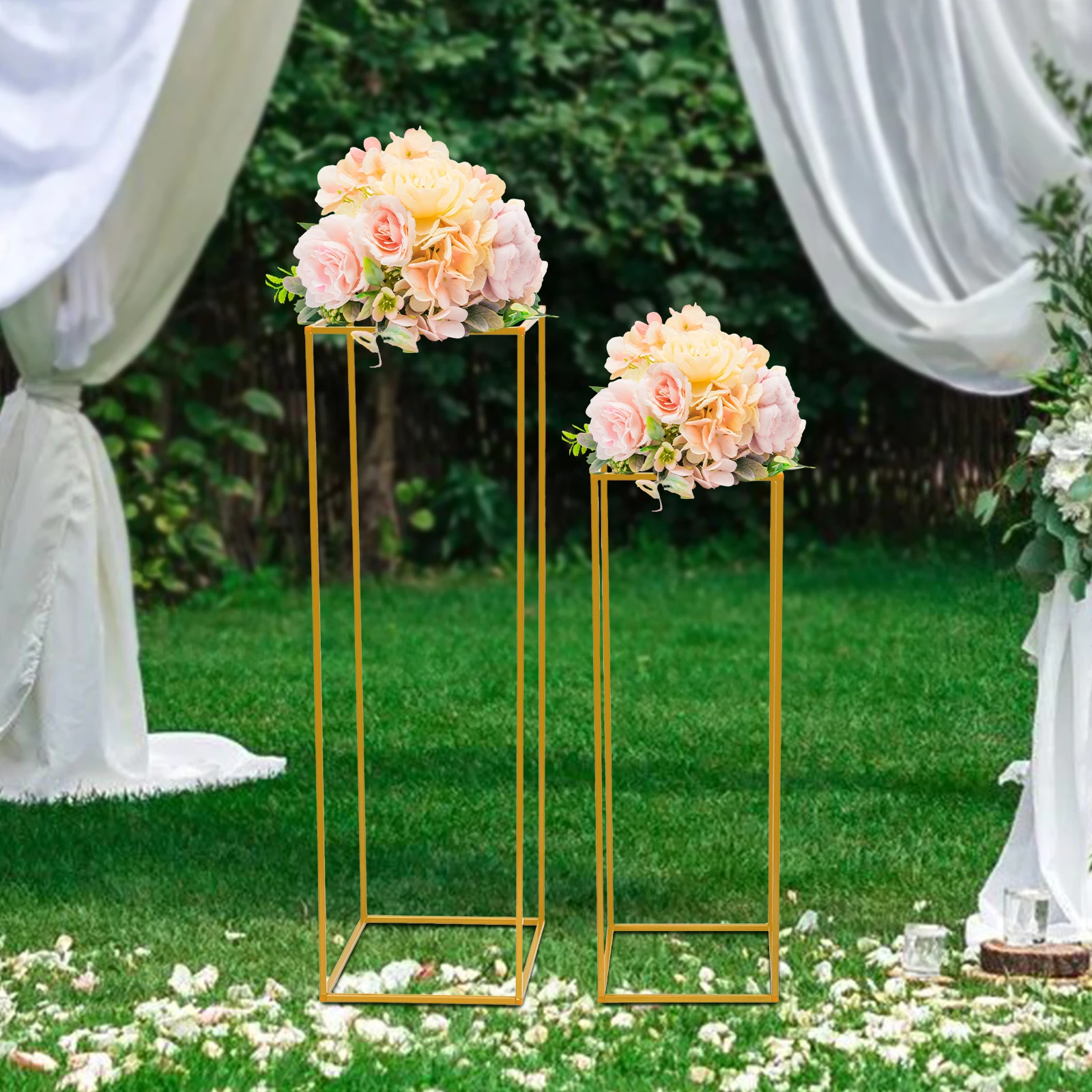 2Pcs Tabletop Flower Stands Metal Square Floral Decor Vase Floor Column Holder Gold Display Rack Road Guide for Wedding Party