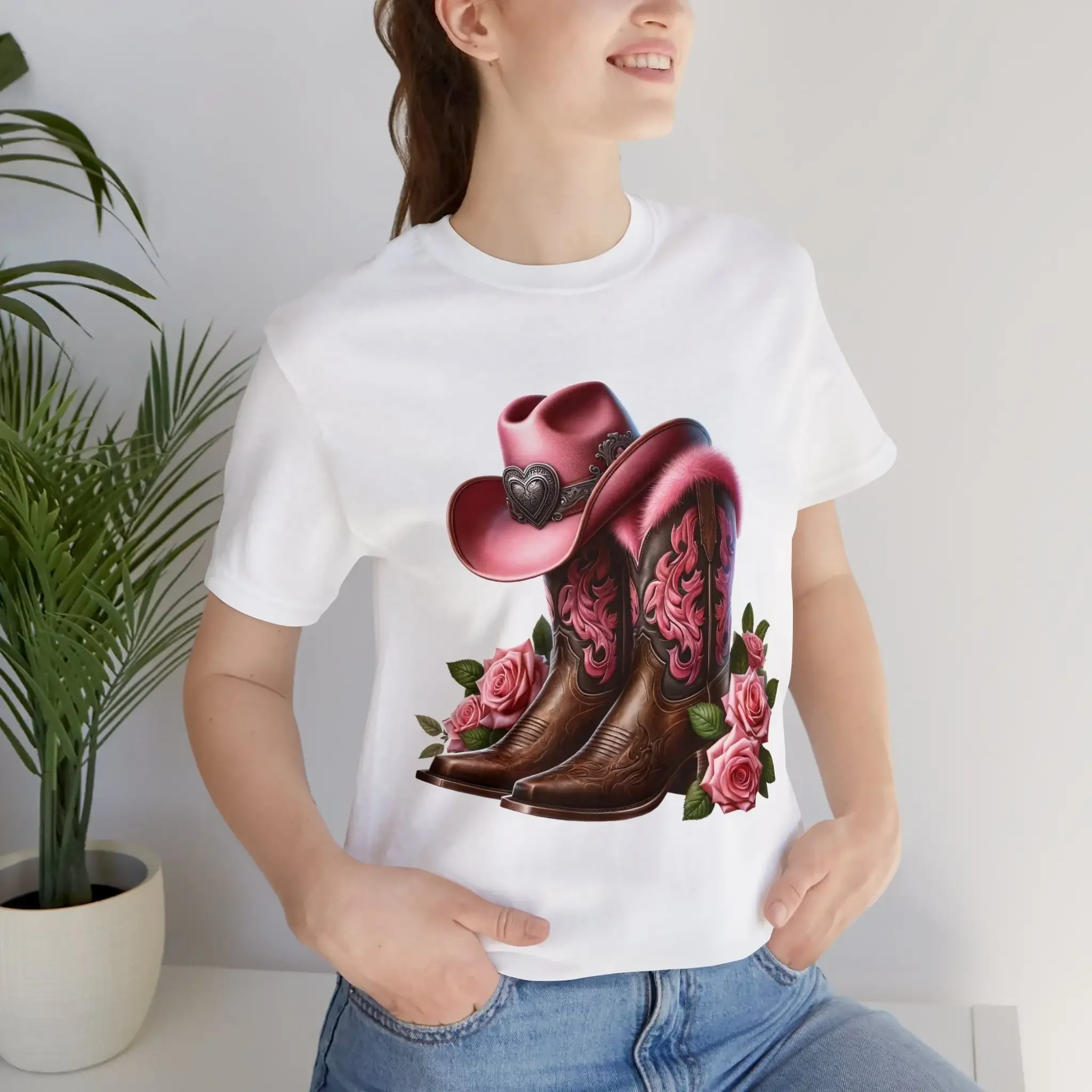 

T Shirt with DTG Print Cowboy Boots Pink Hat Rose Stylish Comfortable Perfect for Unique Design